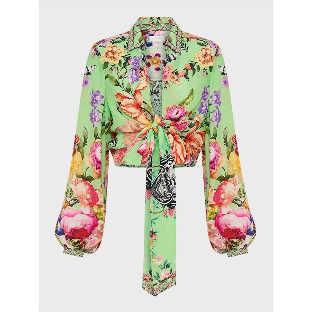 CAMILLA Porcelain Dream Print Tie Front Silk
Crepe Crop Shirt In Green Size L